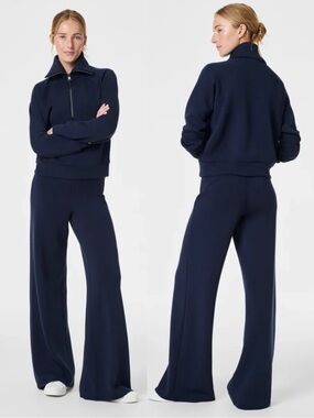 NWT SPANX Air Essentials Half Zip and Wide Leg Pant Timeless Navy Set